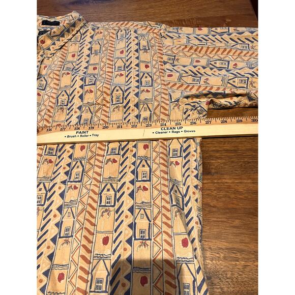 CHAPS Ralph Lauren XL Beige Blue Tribal Pattern Short Sleeve Button Up Collar - Picture 6 of 7
